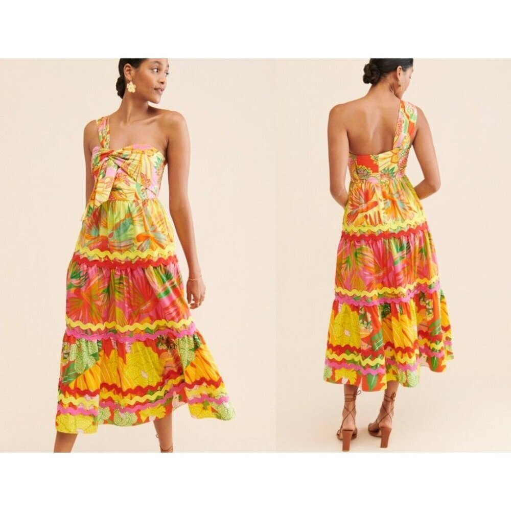 Farm Rio Mixed Red and Lime Prints Midi Dress Size XS NWT Sundress Colorful